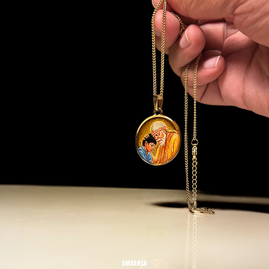 18k gold plated Shri Sai Baba authentic miniature painting pendant || Full coloured ||