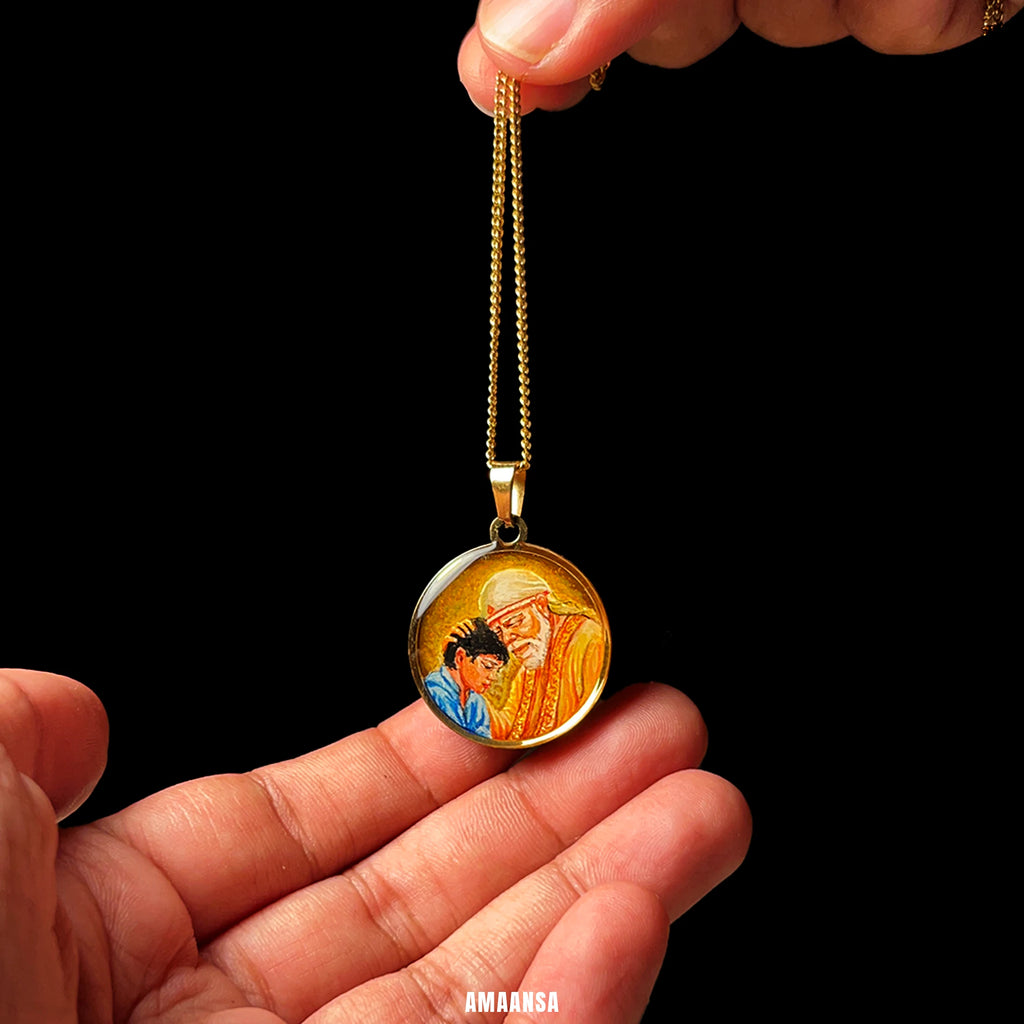 18k gold plated Shri Sai Baba authentic miniature painting pendant || Full coloured ||