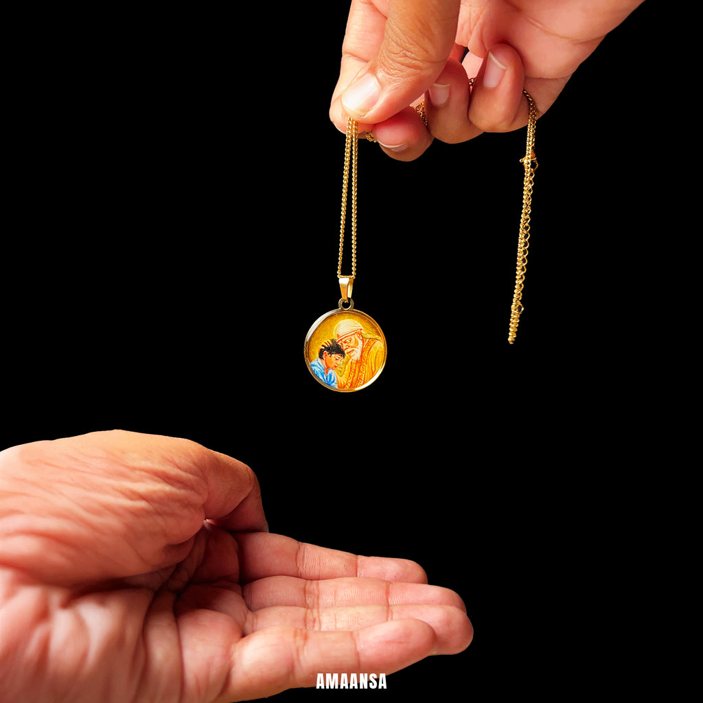 18k gold plated Shri Sai Baba authentic miniature painting pendant || Full coloured ||