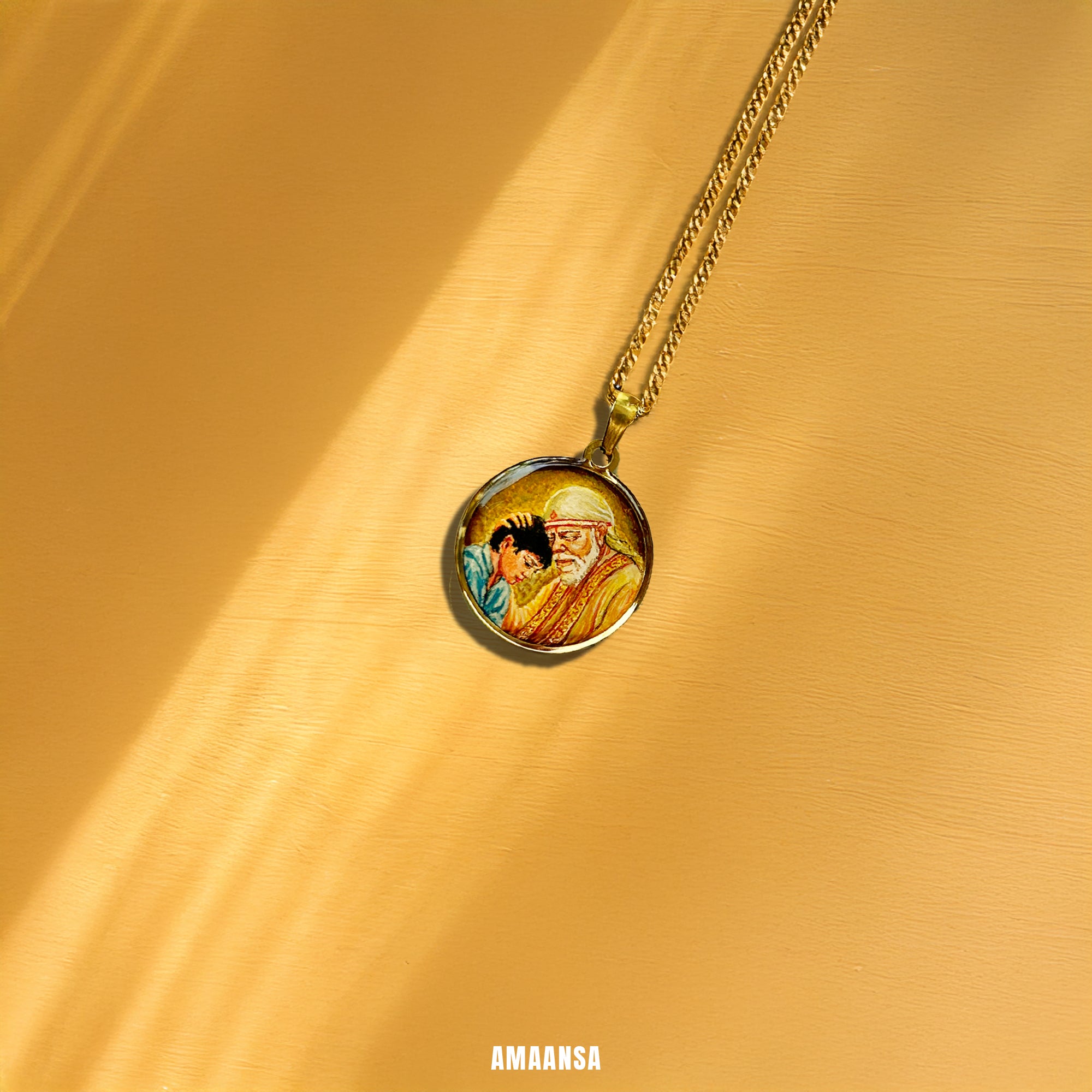 18k gold plated Shri Sai Baba authentic miniature painting pendant || Full coloured ||