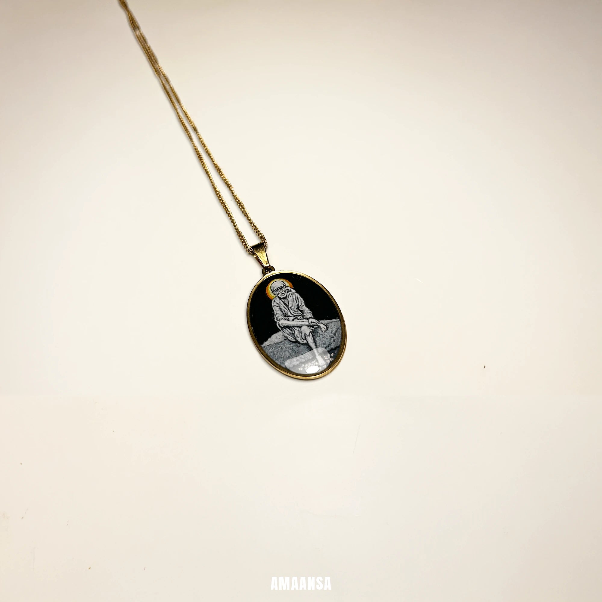 Handpainted Devotional Sai Baba Pendant | 18K PVD Gold Plated | Full Body