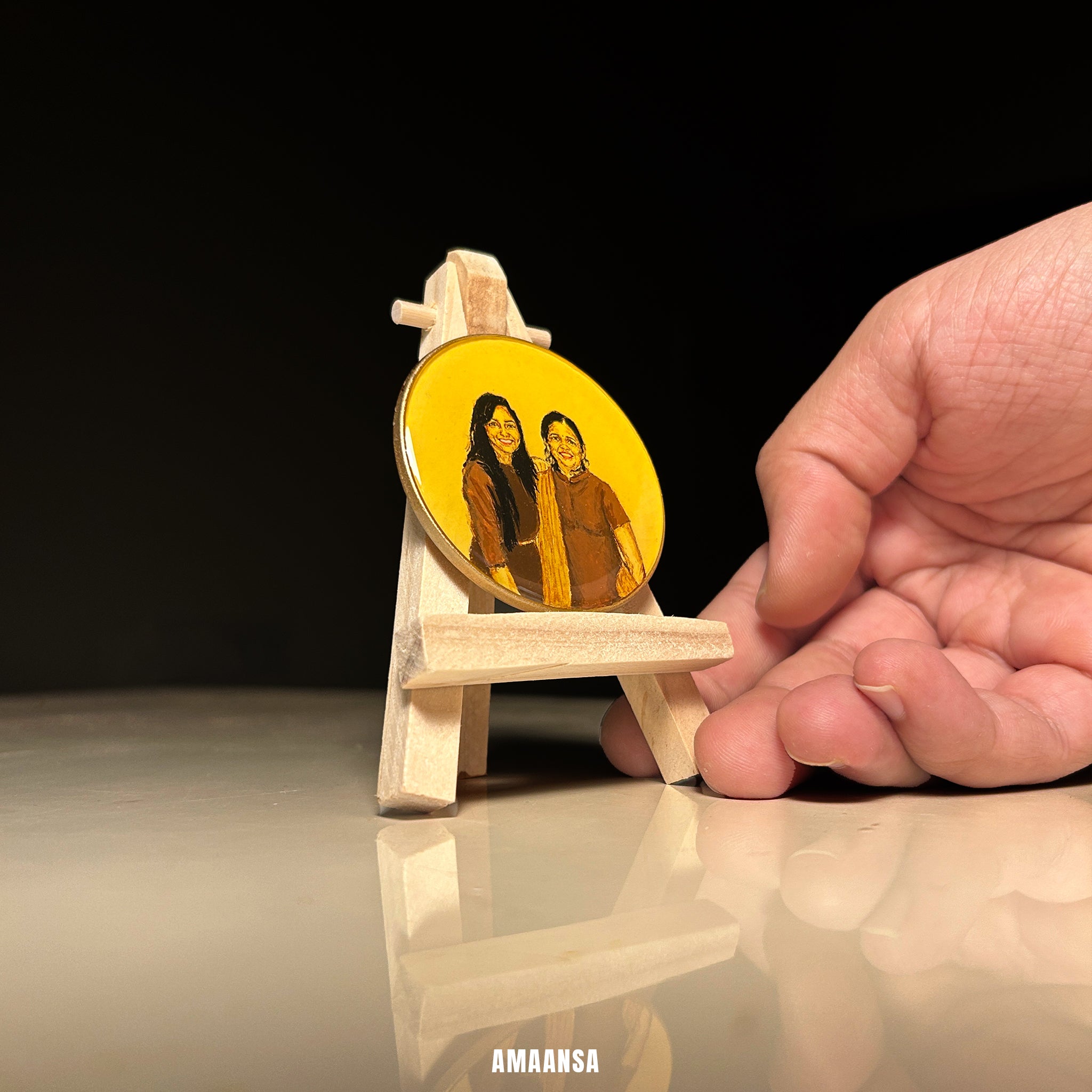 Handpainted miniature portrait mother daughter tabletop keepsake custom family art wooden display stand personalized gift friend commissioned desk decor collectible miniature painting home accessory treasure