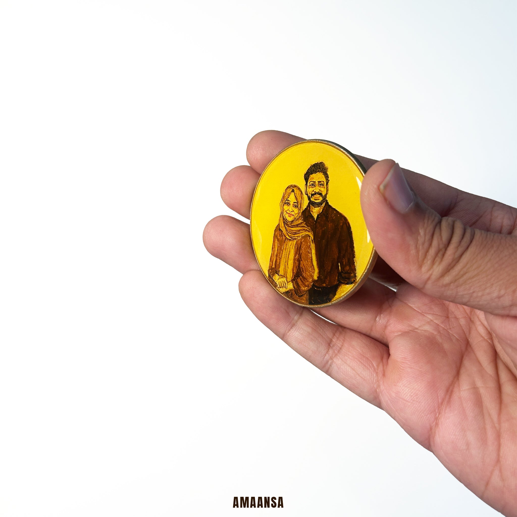 Hand holding a round yellow object with an original painting of a couple on a white background. Miniature portrait tabletop display young couple engagement art handpainted custom family portrait wedding keepsake desk accessory personalized gift collectible miniature painting treasure