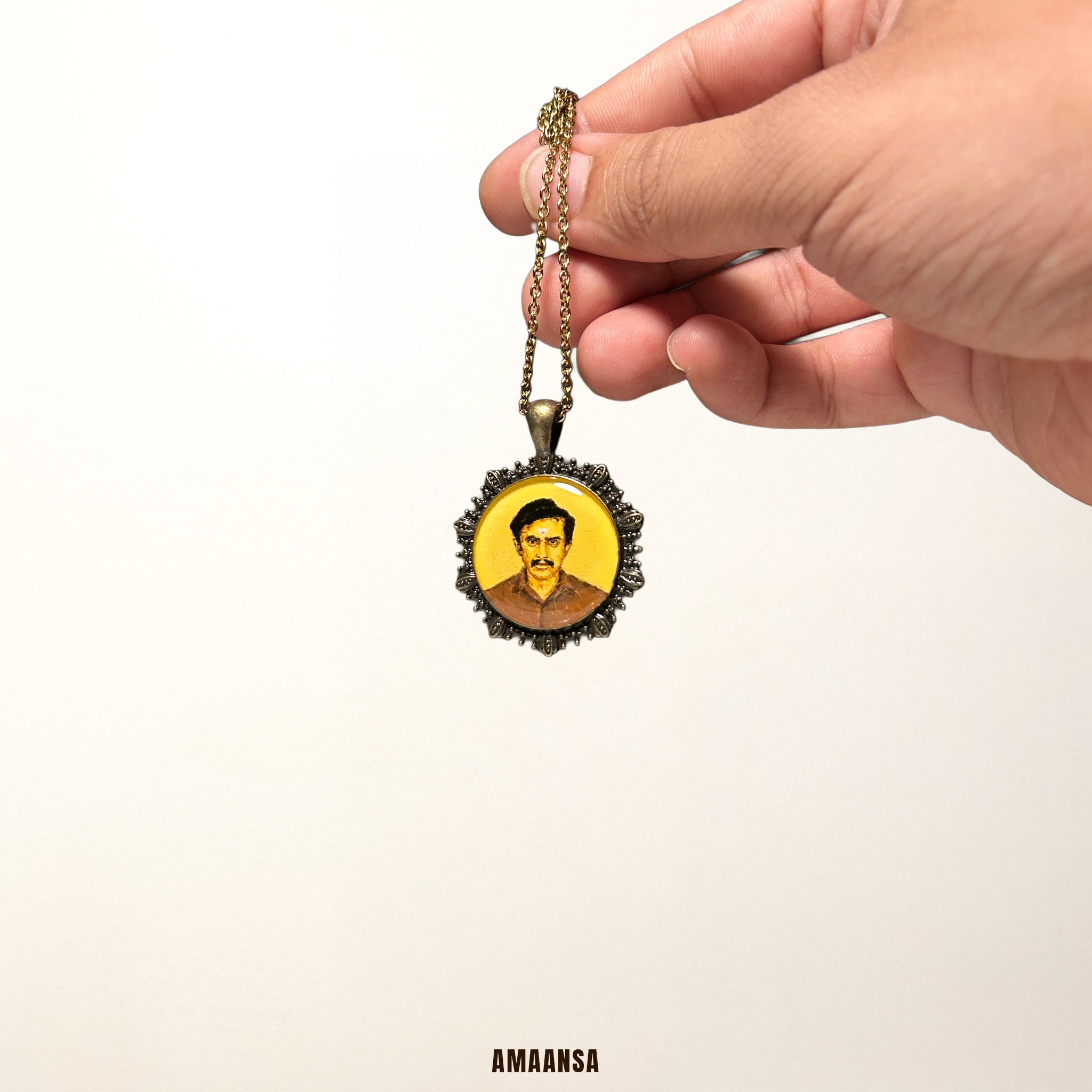 Custom vintage-style pendant handpainted memorial portrait lost father from old black and white photo Naples yellow background brown ochre hues antique metal base heirloom keepsake son tribute nostalgia


