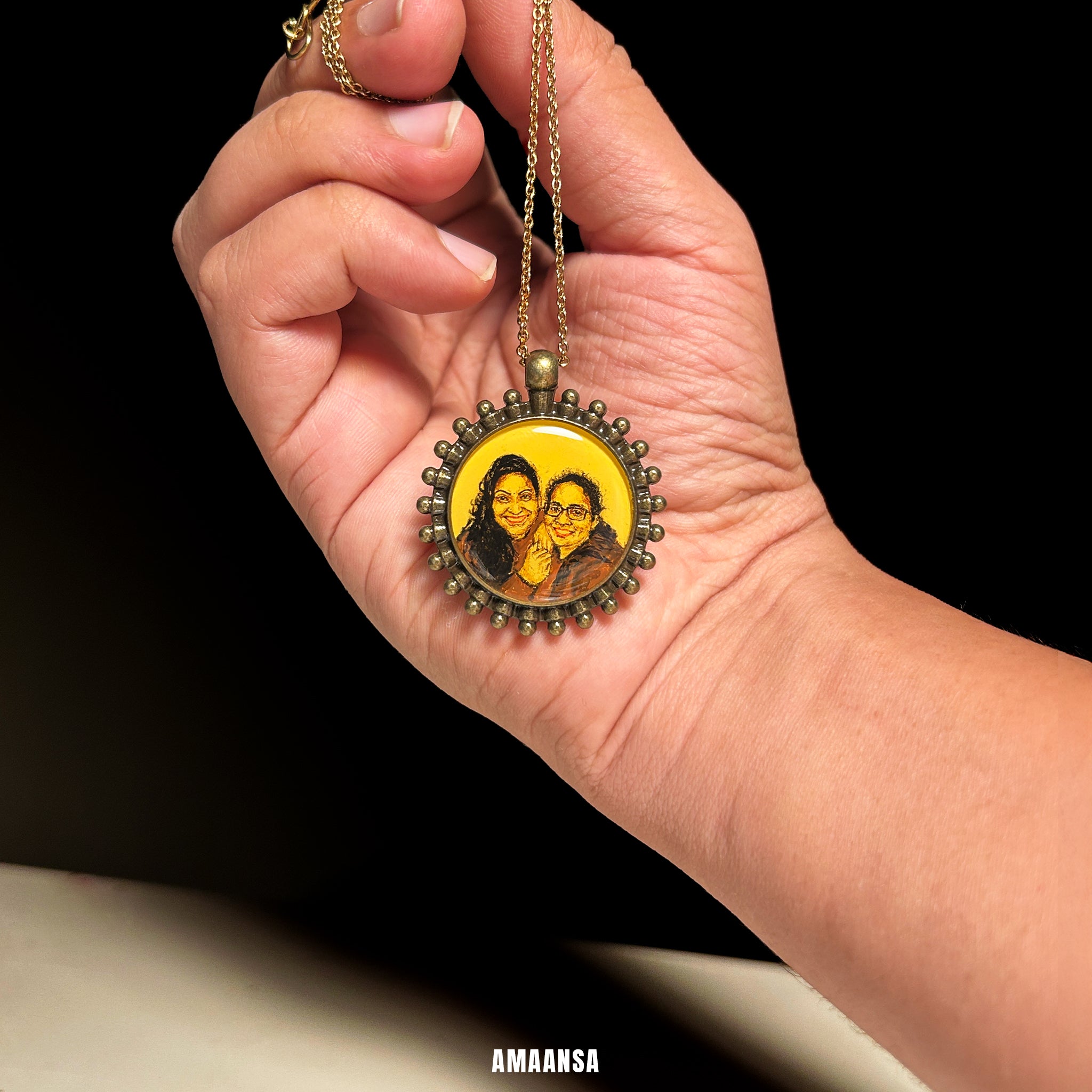 Vintage antique-style portrait pendant capturing friendship—handpainted miniature art of two women, crafted with aged metal finish on a distressed surface, ideal for best friend gift, heritage jewelry, nostalgic keepsake, heirloom-quality remembrance for lifelong bonds