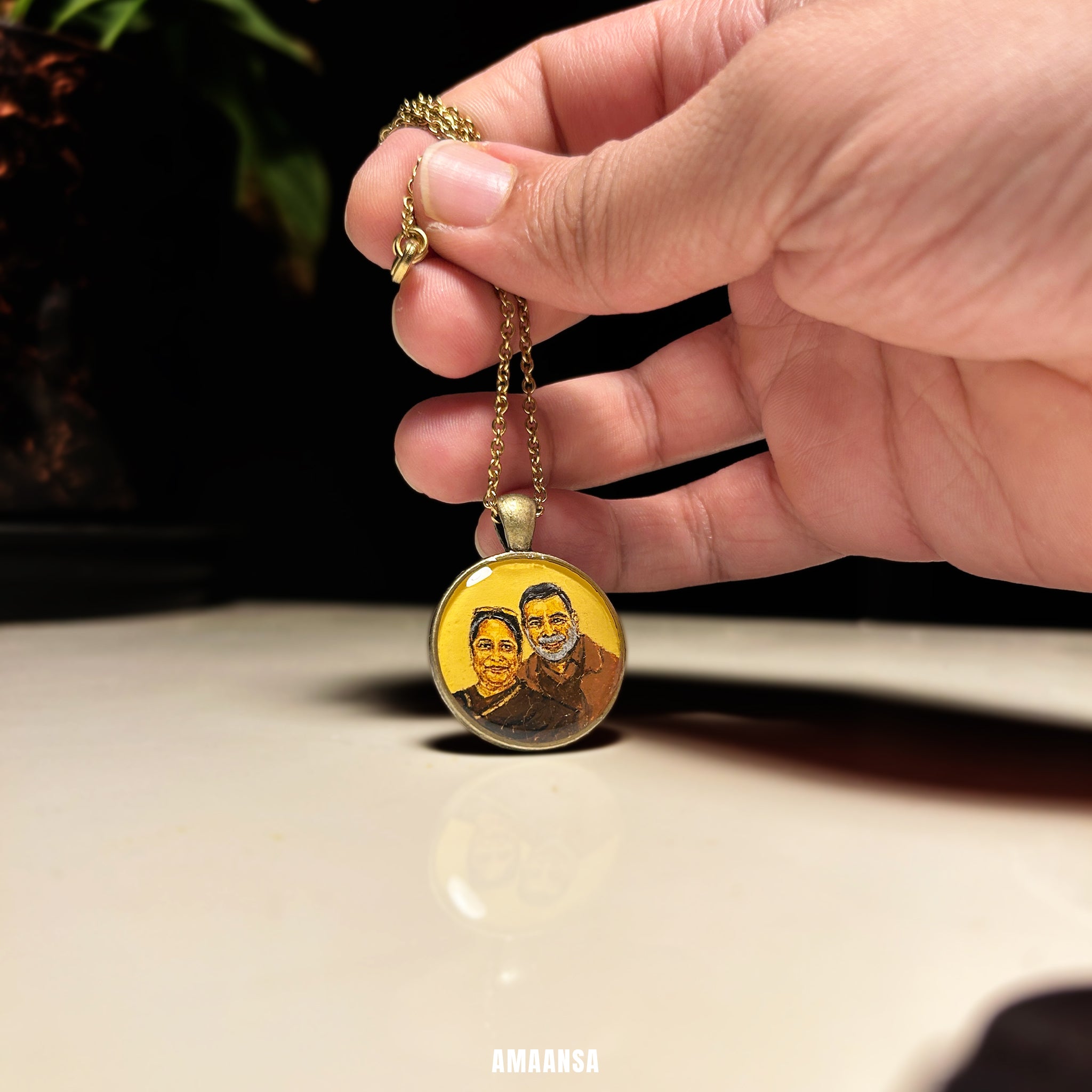 Classic vintage pendant featuring a tender portrait of a middle-aged couple—handpainted miniature art with a distressed patina, perfect for anniversary gift, sentimental jewelry, legacy keepsake, heirloom heirloom, emotional bond, handcrafted with aged effect to evoke timeless love