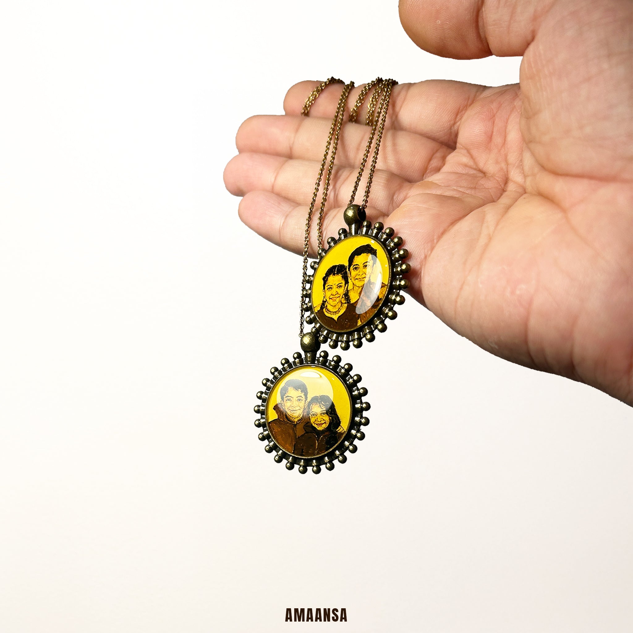 Custom vintage heirloom pendant two-face portrait son and daughter wearing contemporary and traditional South Indian attire handpainted miniature art aged brass finish keepsake mother commissioned family legacy treasure