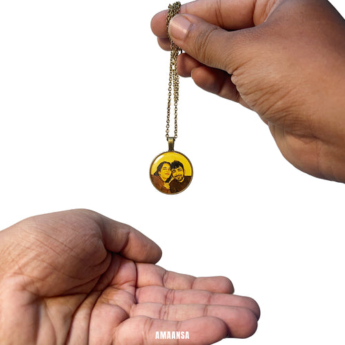 Antique-style two-face portrait pendant young couple handpainted miniature art aged metal chain romantic keepsake love commitment heirloom gift wearable art nostalgia