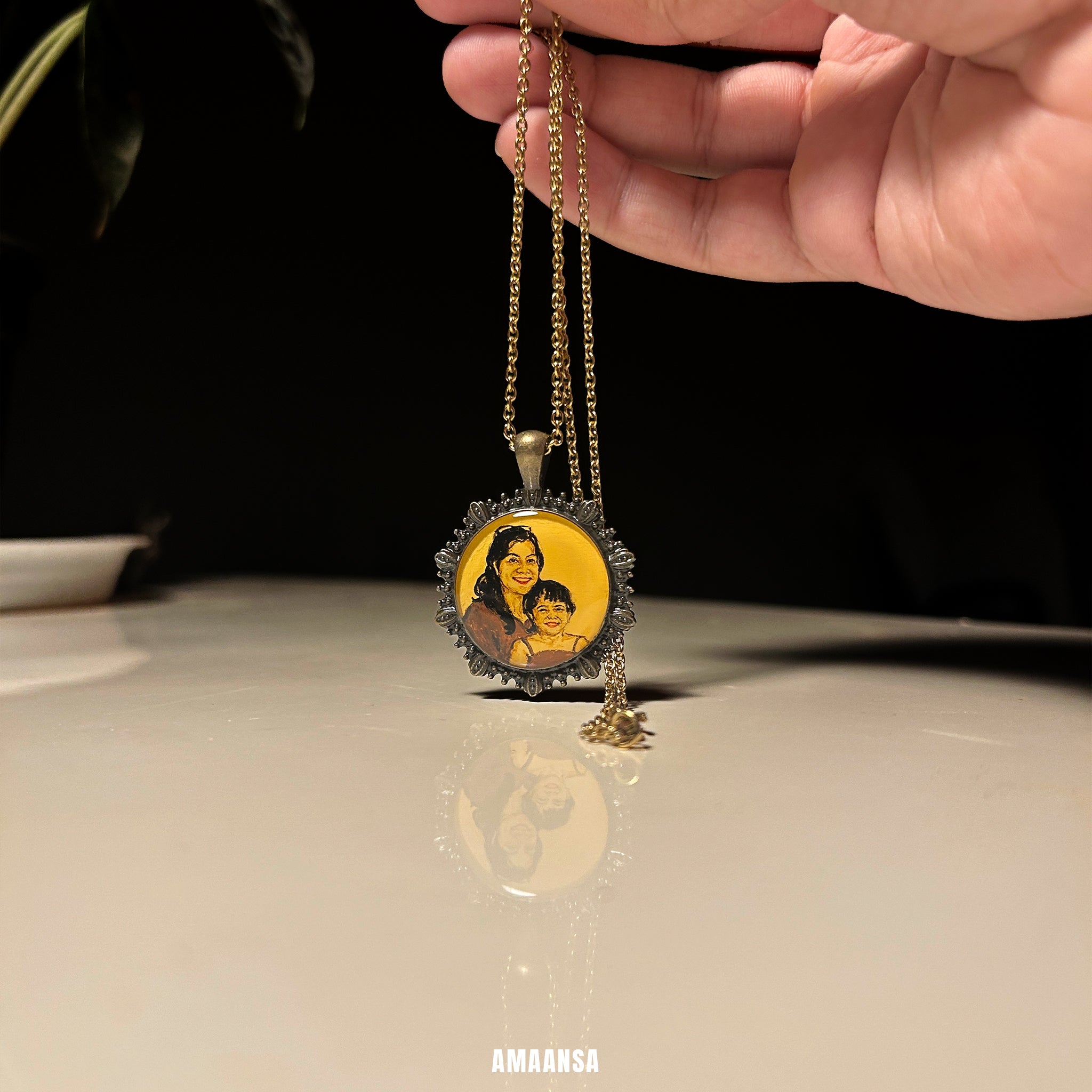 Handpainted vintage heirloom pendant mother and daughter(toddler) portrait miniature art antique patina finish commissioned by friend heartfelt keepsake wearable memory treasure necklace
