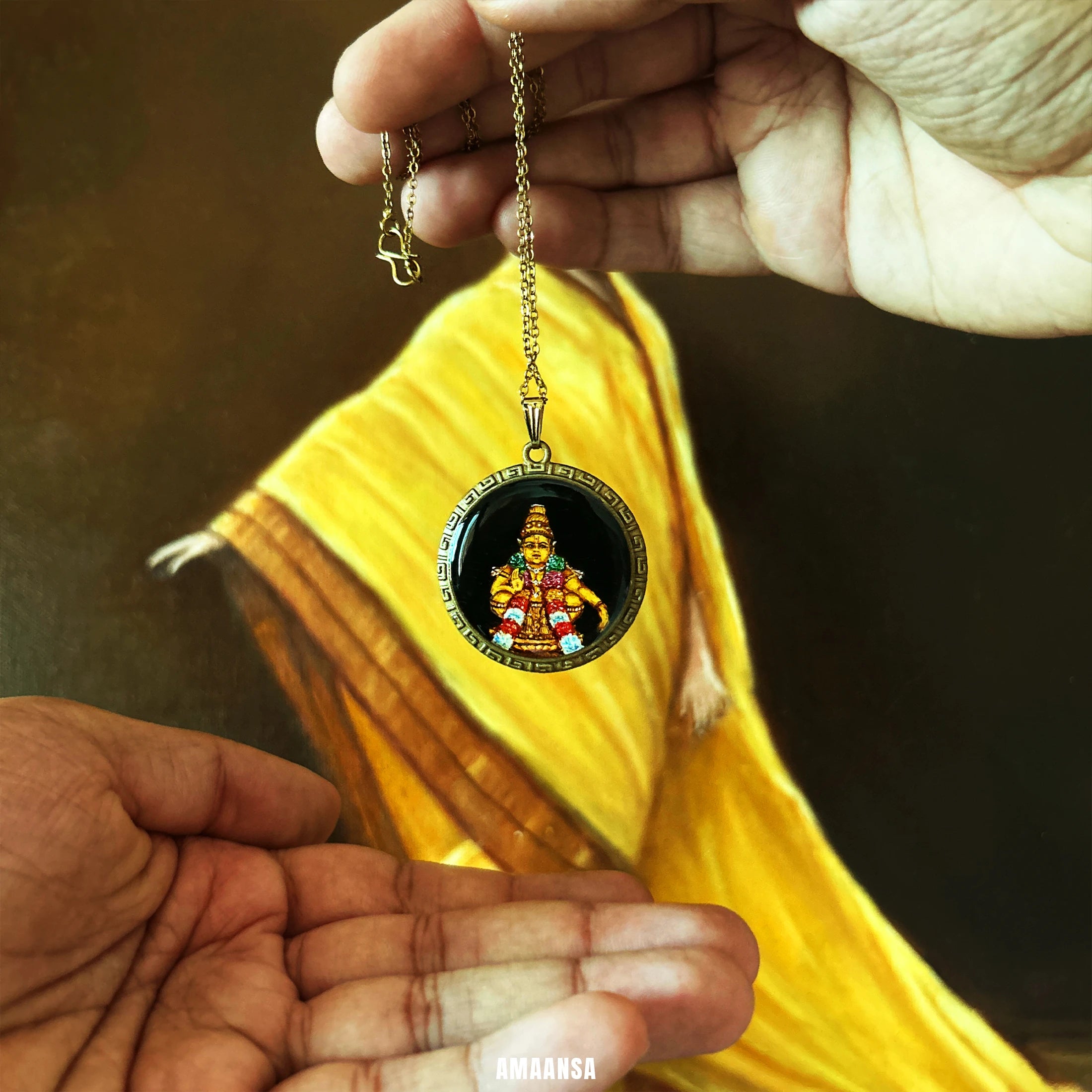 Lord Ayyappa pendant in hand, hand‑painted miniature worn during pilgrimage and daily prayer, vintage styled brass made