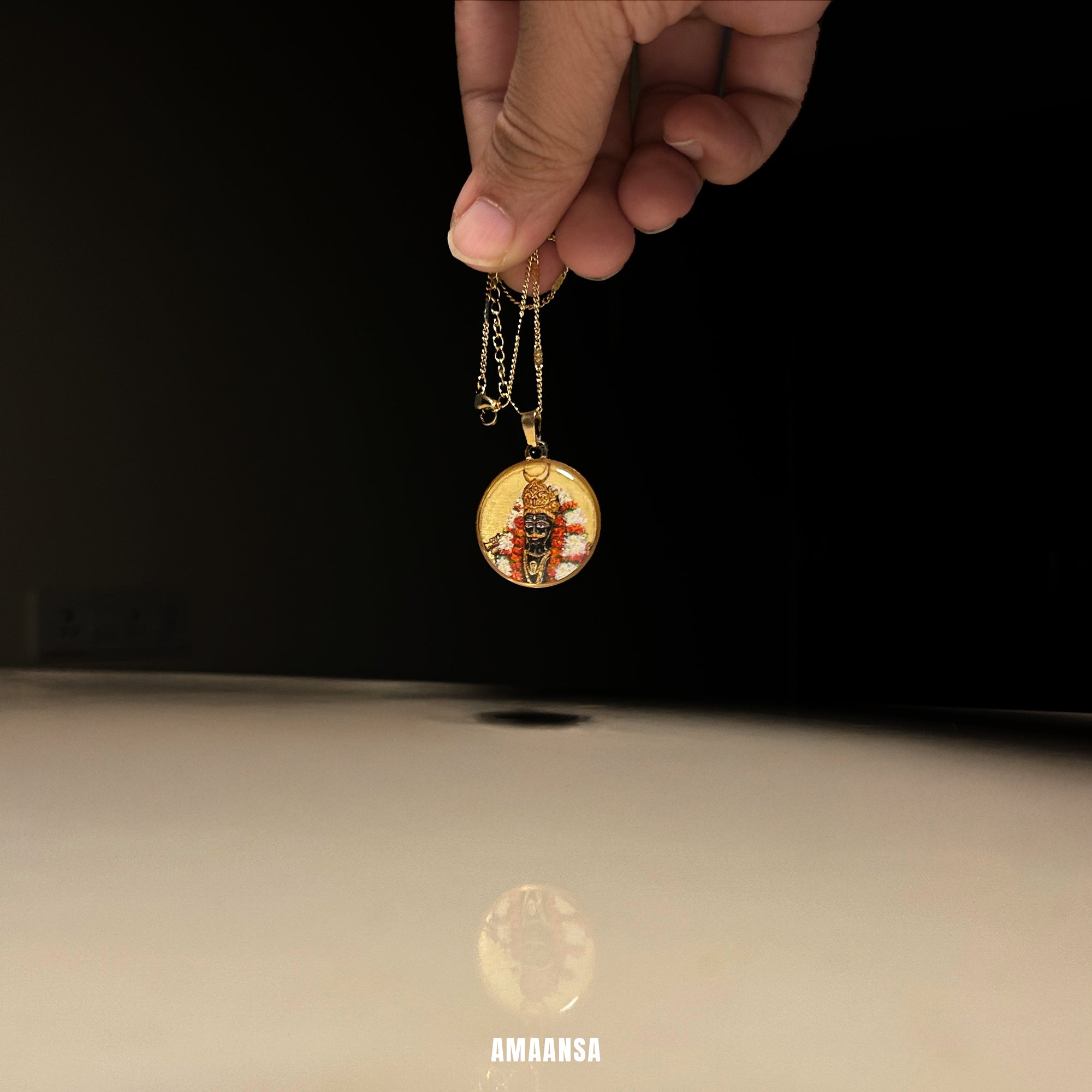 Custom Bhairava avatar locket half-figure miniature art semicolor 18k gold PVD pendant devotional jewelry white red floral garland divine blessing religious amulet wearable art
