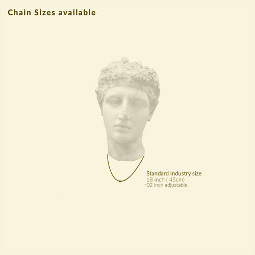 AMAANSA Fine Arts Studio's premium chain specifications - standard 18-inch (45cm) length with 2-inch adjustable extension, elegantly illustrated on classical bust displaying ideal pendant positioning, available in matching 18k gold PVD plated or rhodium-colored finish to complement miniature portrait settings