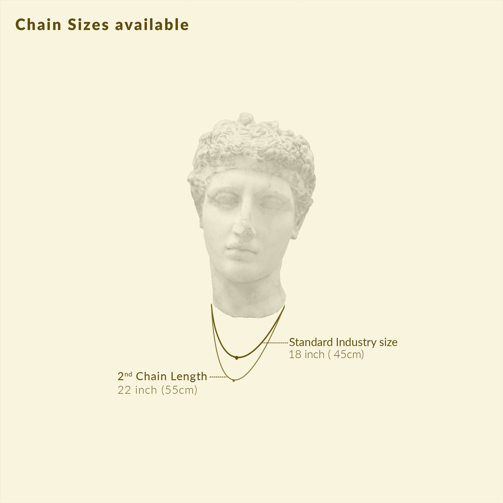 Chain options for Smriti vintage-style pendant collection - Classical bust showcasing two lengths for antique brass memorial jewelry: industry-standard 18-inch (45cm) and extended 22-inch (55cm), displayed on cream backdrop. Exclusively for vintage-styled pendants featuring handcrafted portraits on naples yellow background, helping customers select ideal chain length for their cherished keepsake