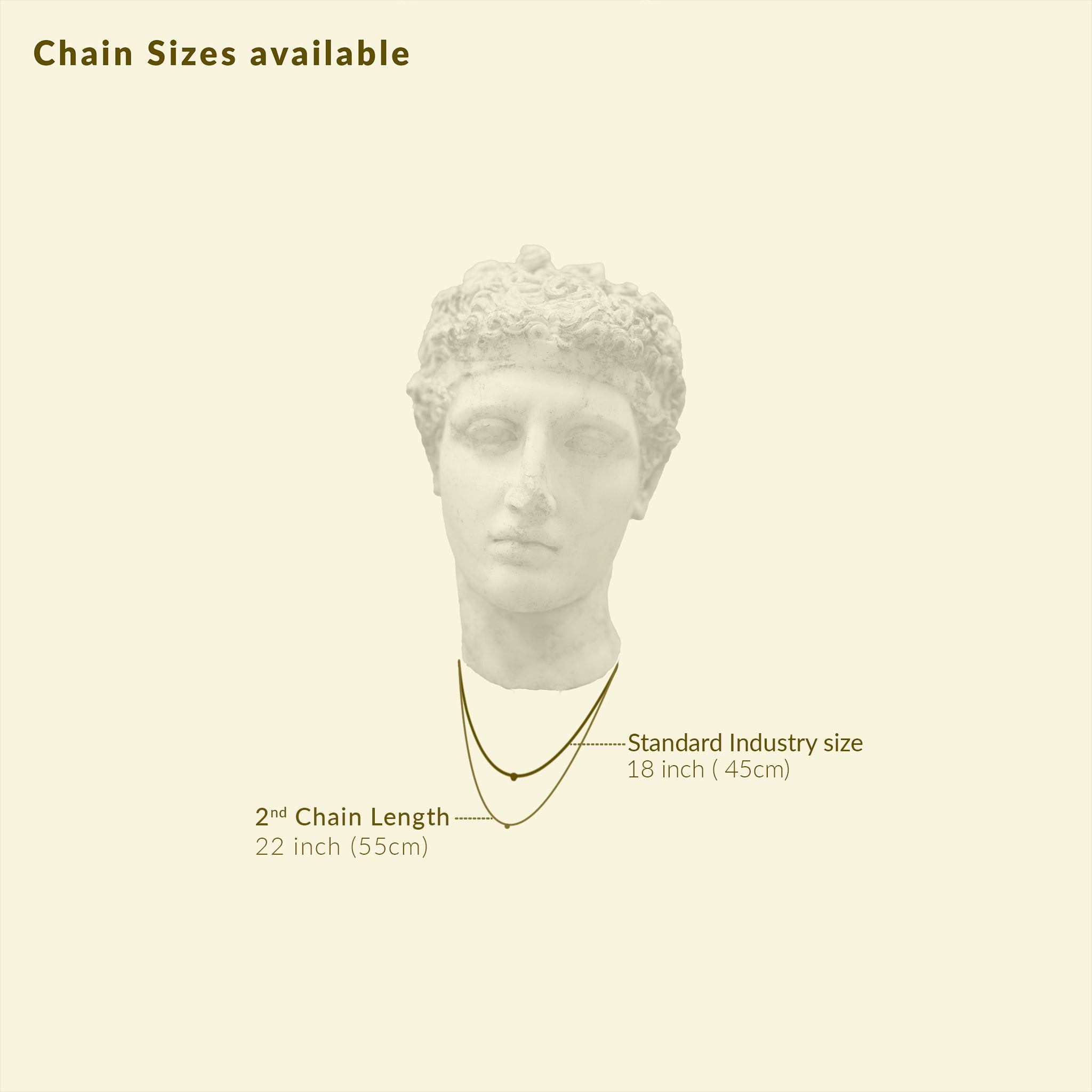 Chain options for Smriti vintage-style pendant collection - Classical bust showcasing two lengths for antique brass memorial jewelry: industry-standard 18-inch (45cm) and extended 22-inch (55cm), displayed on cream backdrop. Exclusively for vintage-styled pendants featuring handcrafted portraits on naples yellow background, helping customers select ideal chain length for their cherished keepsake