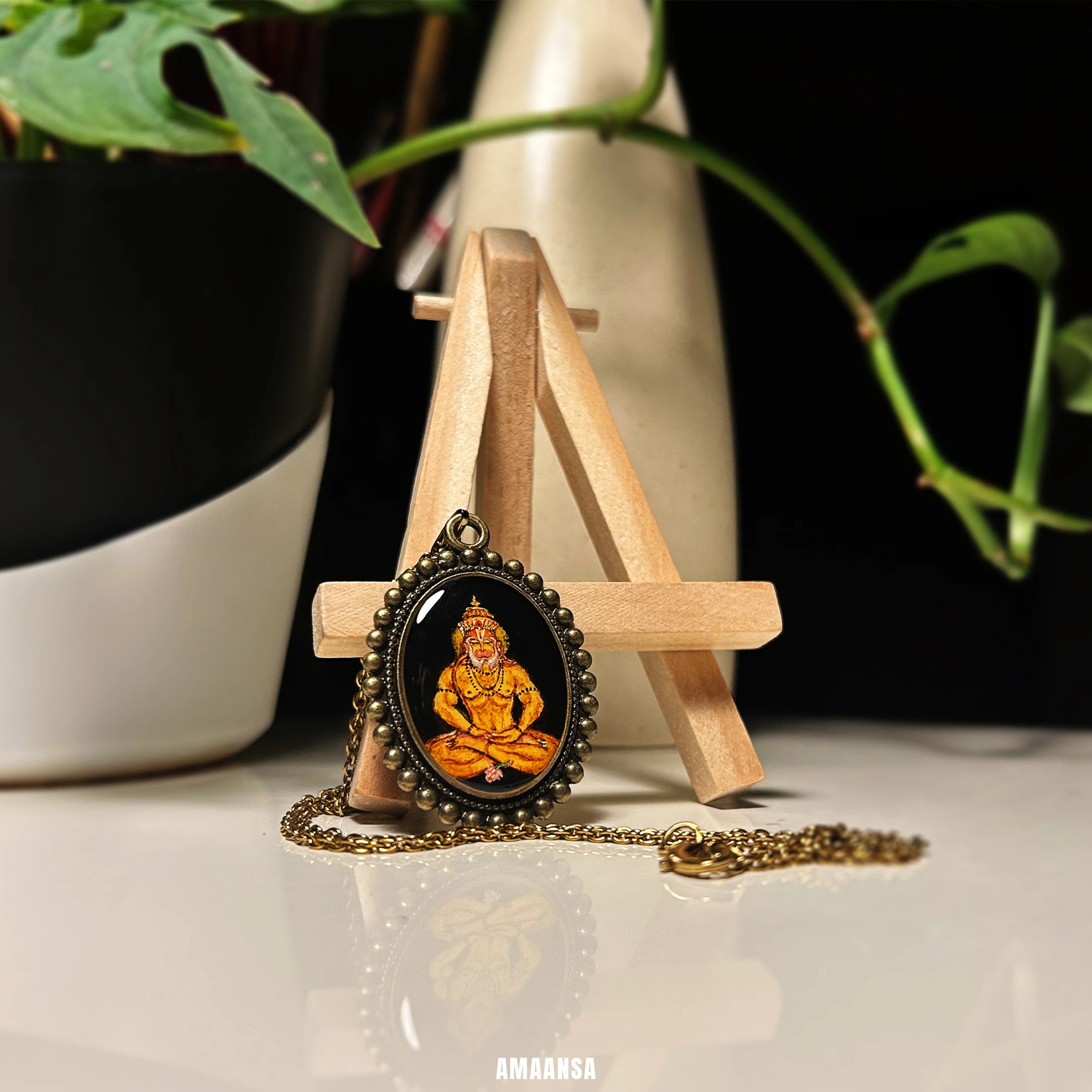 Lord Hanuman Hand-Painted Portrait Pendant (full body)[made-to-order]