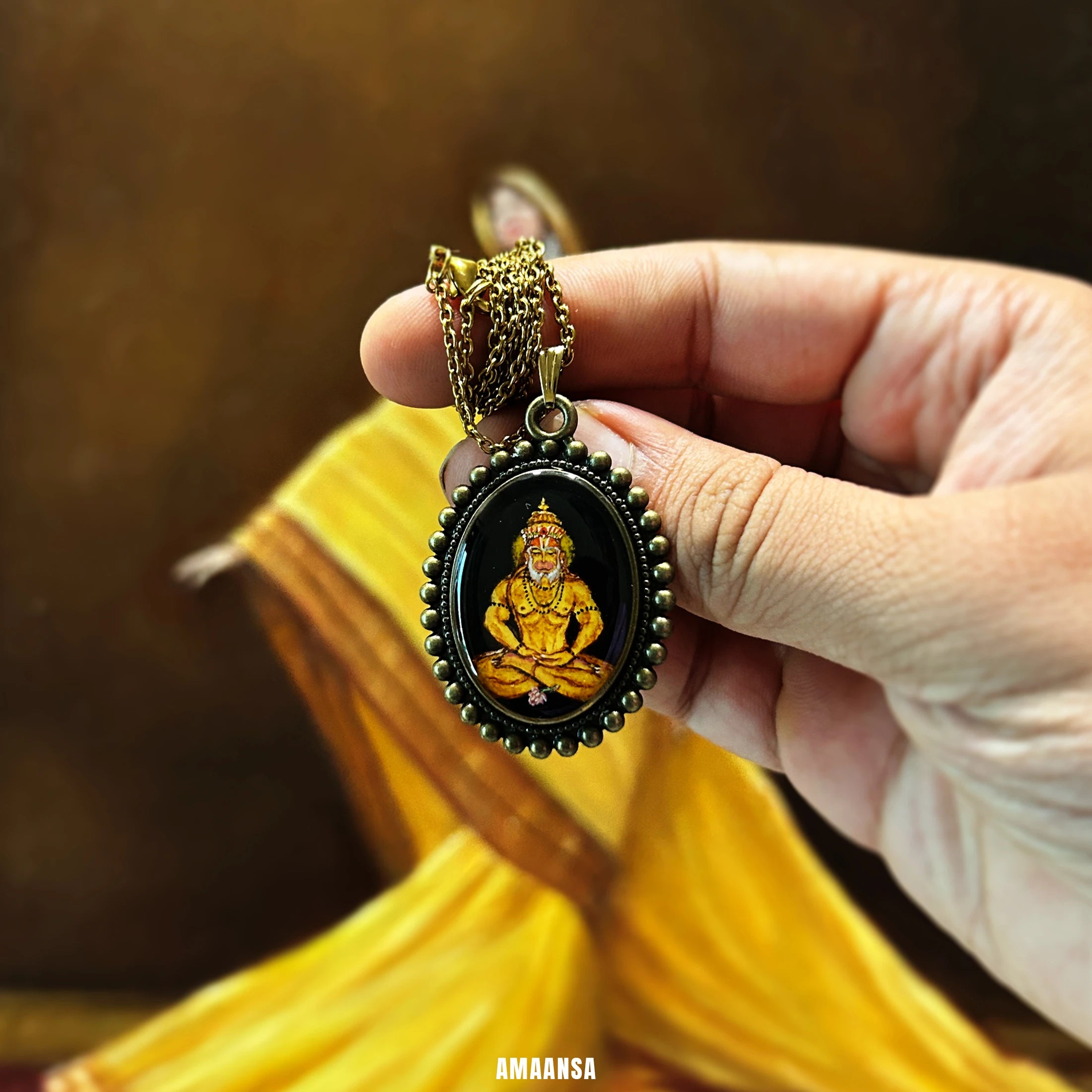 Lord Hanuman Hand-Painted Portrait Pendant (full body)[made-to-order]