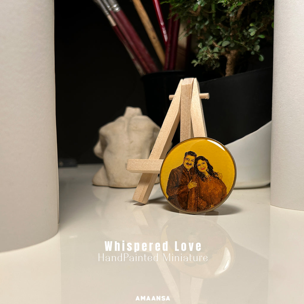 SMARAN collection 50mm heirloom portrait capturing couple's radiant smiles, her flowing curly hair framing her face, his gentle eyes and mustache, his protective hand on her shoulder, meticulously painted in sepia and burnt umber against vintage yellow background
