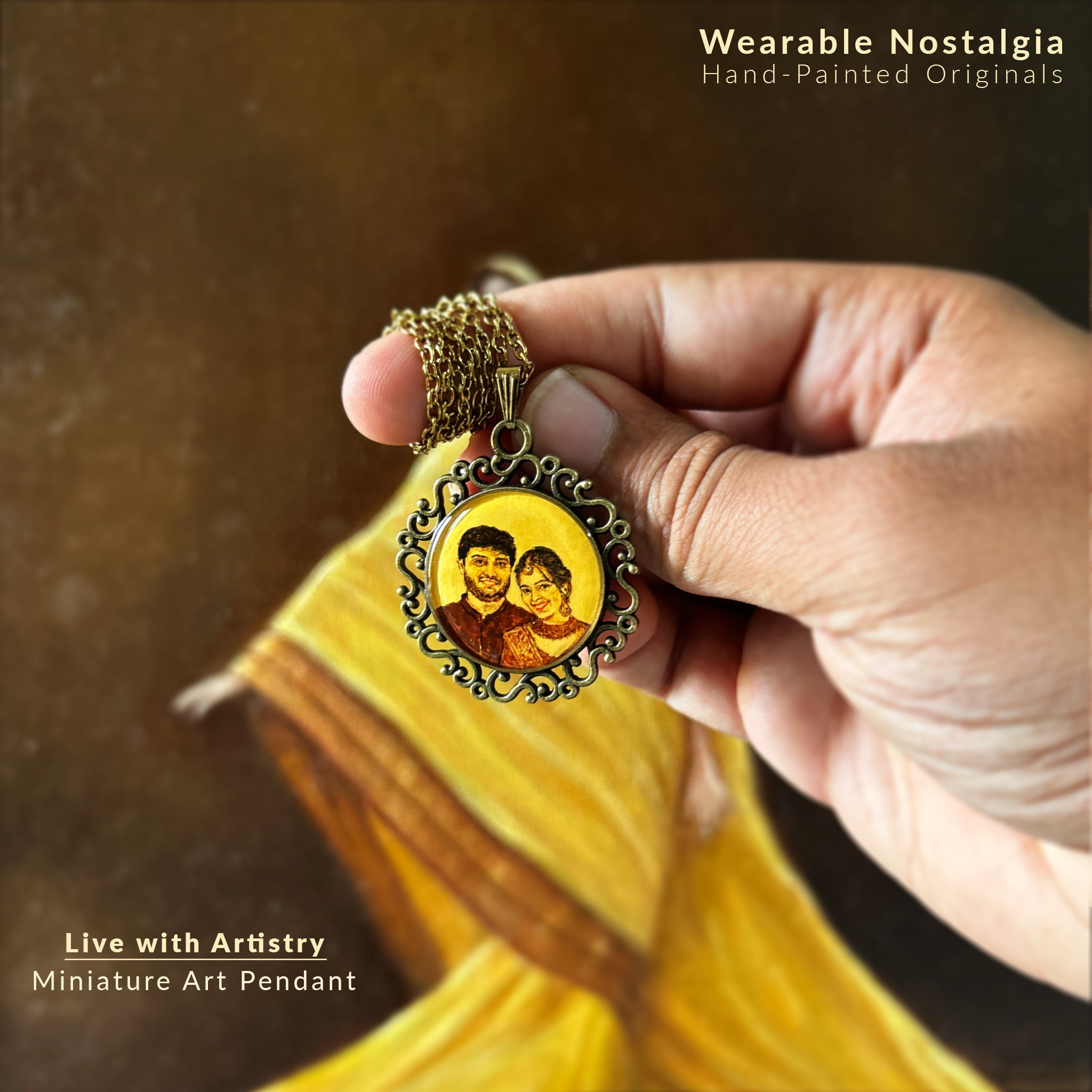 Exquisite miniature painting transformed into romantic pendant (26mm): newlywed couple's portrait featuring intricate details of bride's traditional neckpiece, each delicate jewelry element meticulously rendered despite tiny scale. Custom art piece nestled in ornate scrollwork frame, evoke vintage charm, antique gold colored chain coiled atop fingers. Artist's mastery of fine detail showcased against oil painting backdrop, this thoughtful husband's gift preserved beneath crystal-clear finish.
