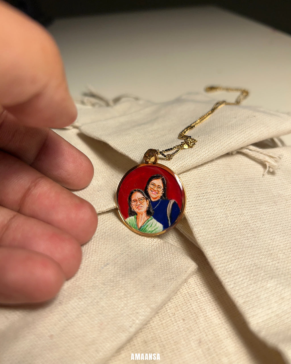 Two Face | Full coloured painting pendant | with Custom Miniature Art Portraits