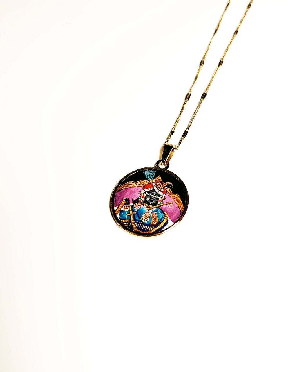 Sri Radha Raman Ji Miniature Portrait Pendant | Hand‑Painted 18k Gold PVD Plated | Full Colour