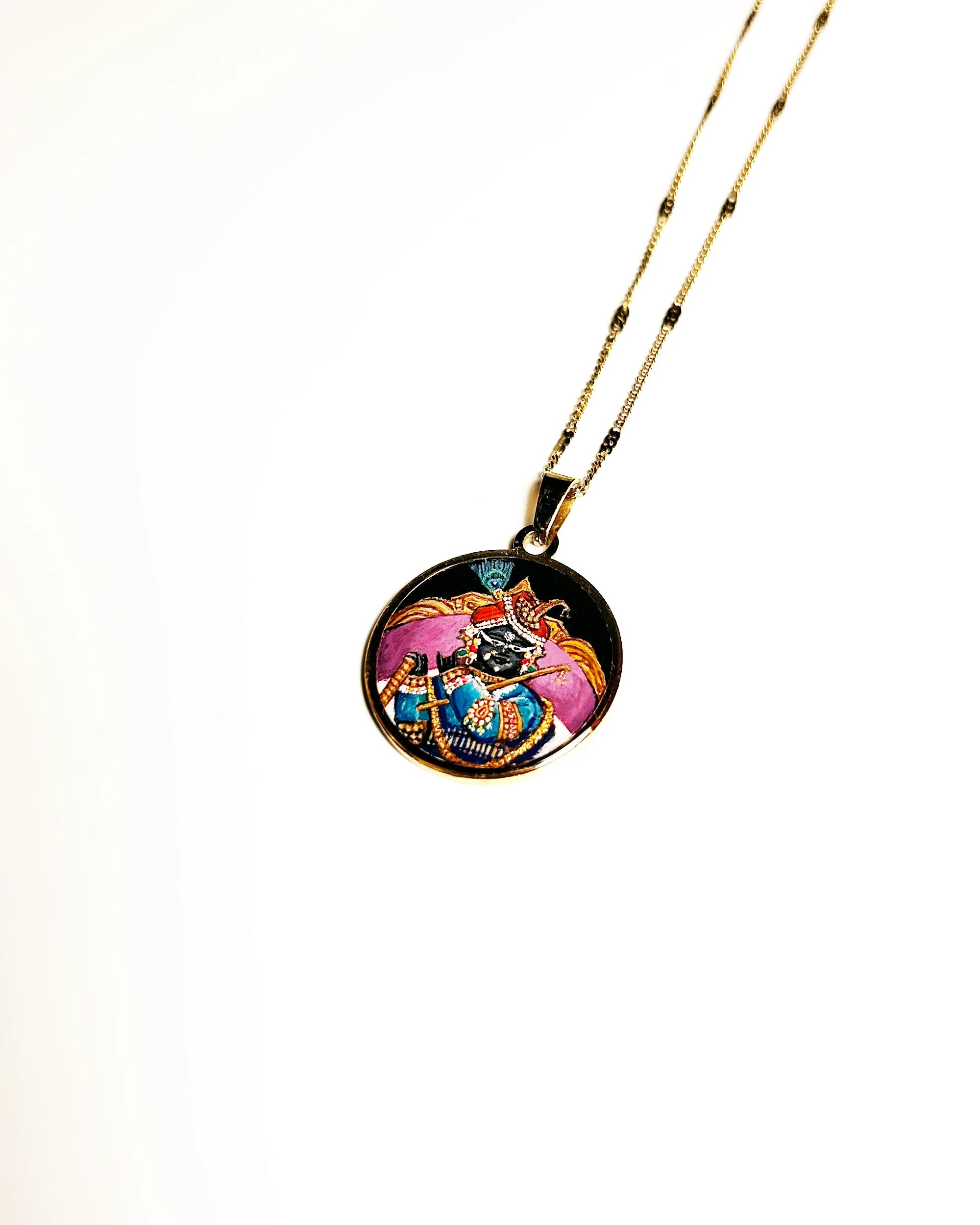 Sri Radha Raman Ji Miniature Portrait Pendant | Hand‑Painted 18k Gold PVD Plated | Full Colour