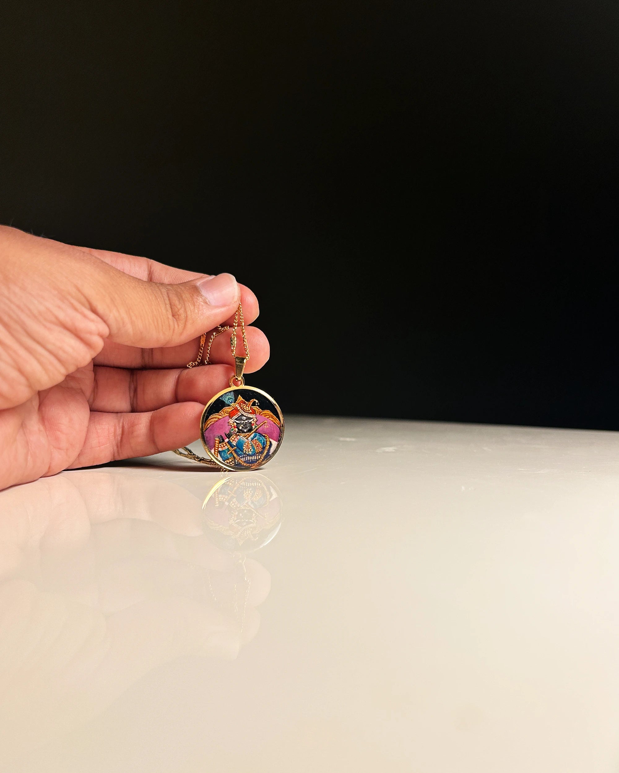 Sri Radha Raman Ji Miniature Portrait Pendant | Hand‑Painted 18k Gold PVD Plated | Full Colour