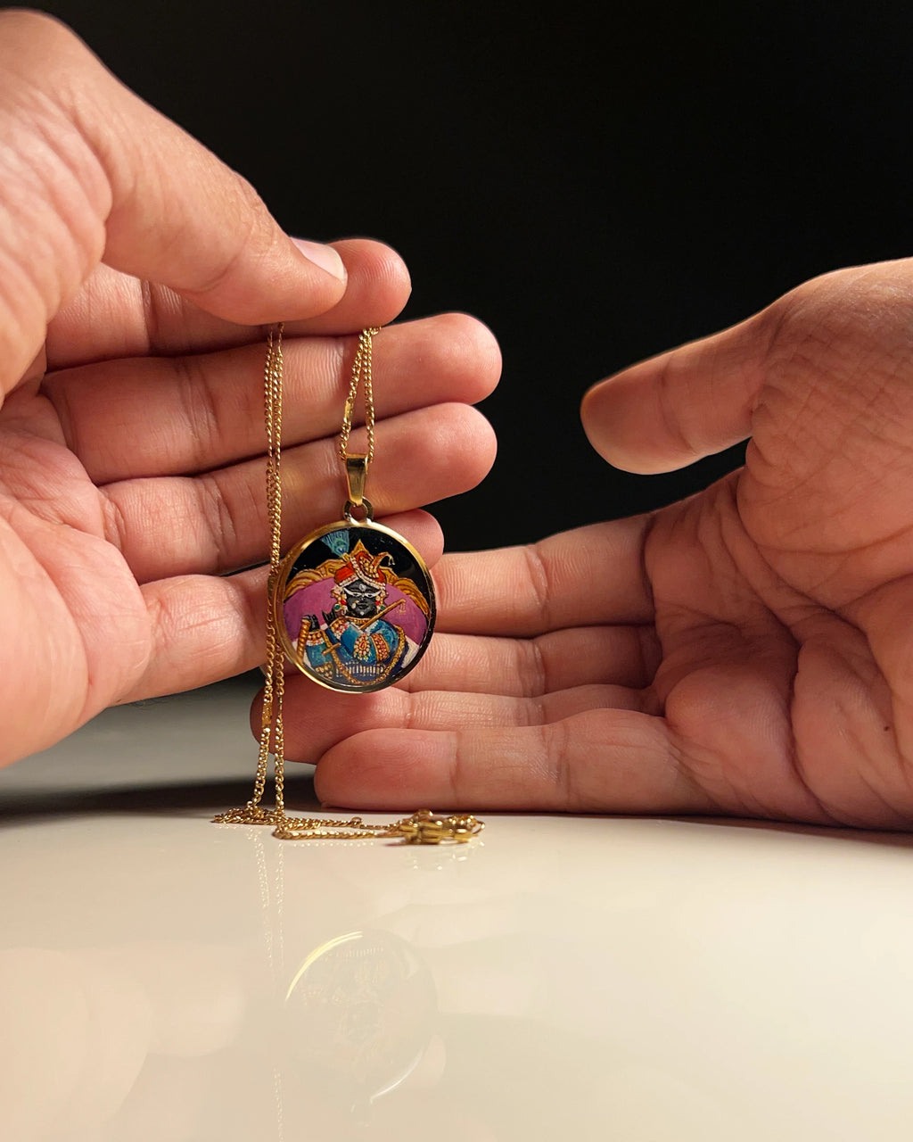 Sri Radha Raman Ji Miniature Portrait Pendant | Hand‑Painted 18k Gold PVD Plated | Full Colour