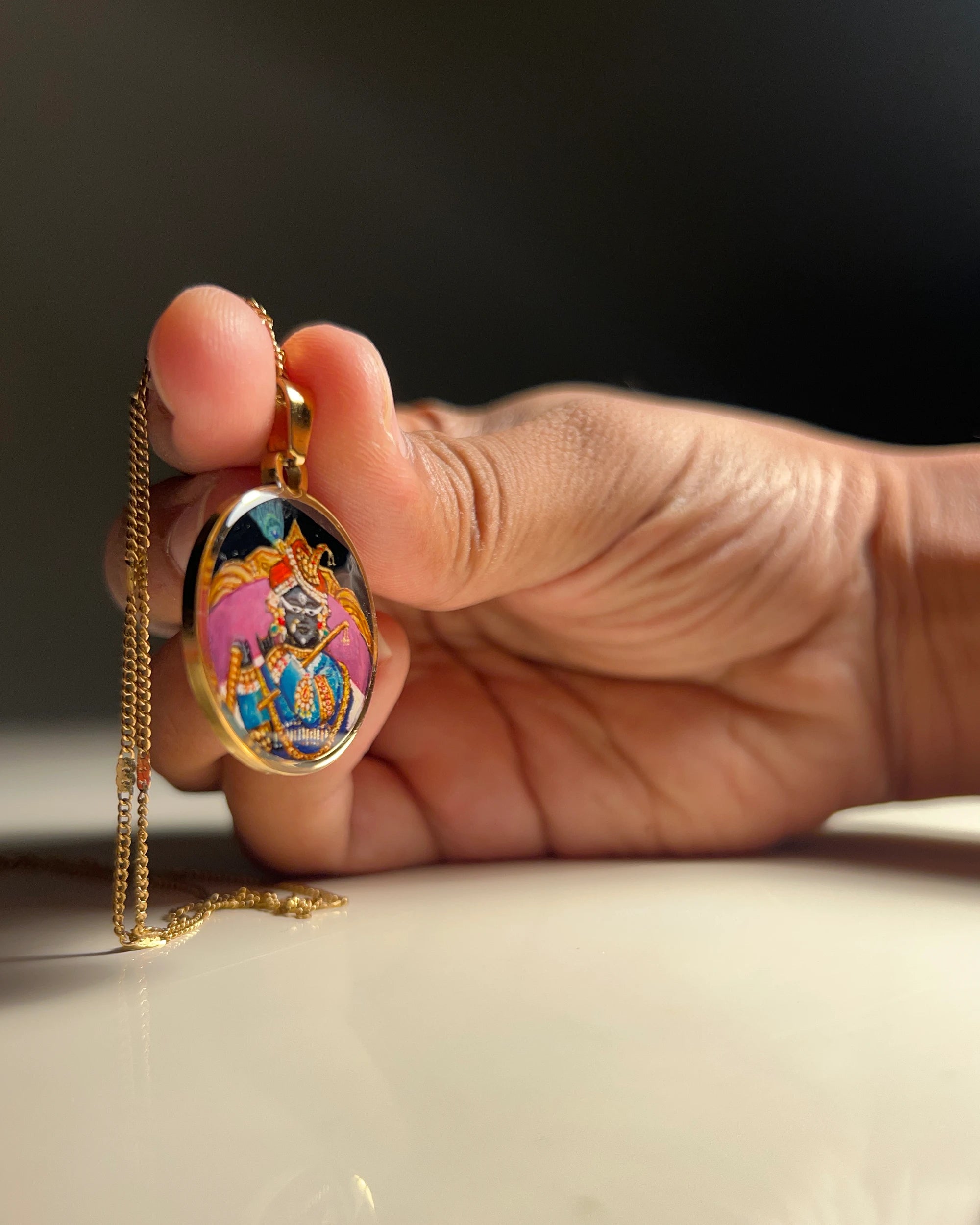 Sri Radha Raman Ji Miniature Portrait Pendant | Hand‑Painted 18k Gold PVD Plated | Full Colour