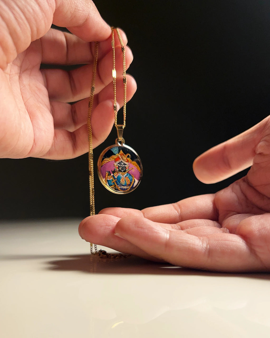 Sri Radha Raman Ji Miniature Portrait Pendant | Hand‑Painted 18k Gold PVD Plated | Full Colour