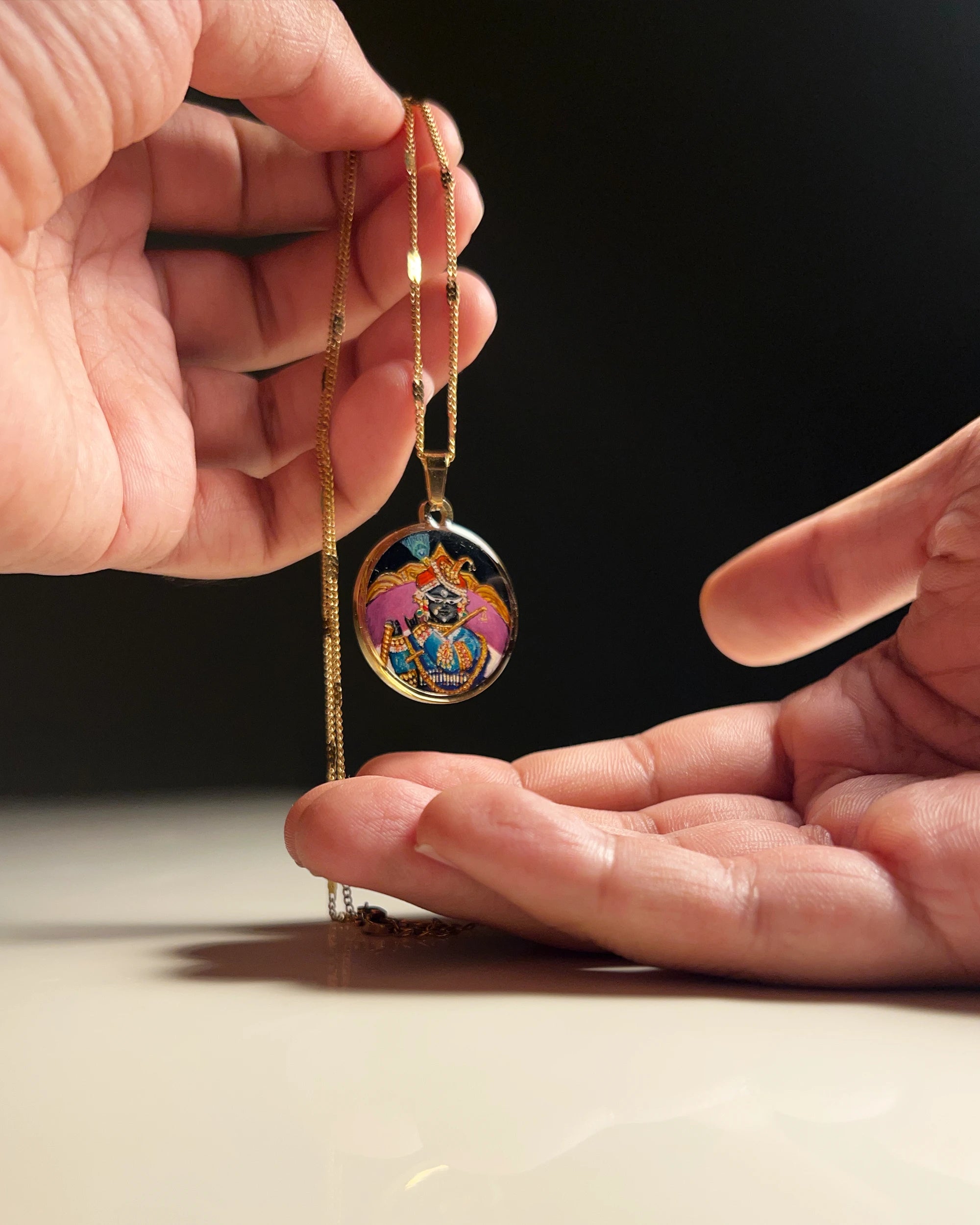 Sri Radha Raman Ji Miniature Portrait Pendant | Hand‑Painted 18k Gold PVD Plated | Full Colour