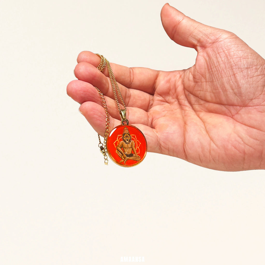 Lord Narasimha Miniature Portrait Pendant- HandPainted , 18k Gold PVD , full coloured