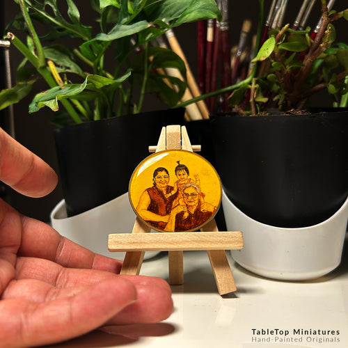 Hand-painted tabletop miniature (5cm) capturing precious moments: bespectacled grandfather lovingly supporting energetic granddaughter perched on shoulders, her playful topknot visible, while mother's joyful smile completes the scene, delicately painted in rich browns on naples yellow backdrop. Scale demonstrated by hand's gentle gesture near wooden easel, surrounded by lush monstera leaves, illustrating how this artisanal heirloom piece creates intimate family displays.